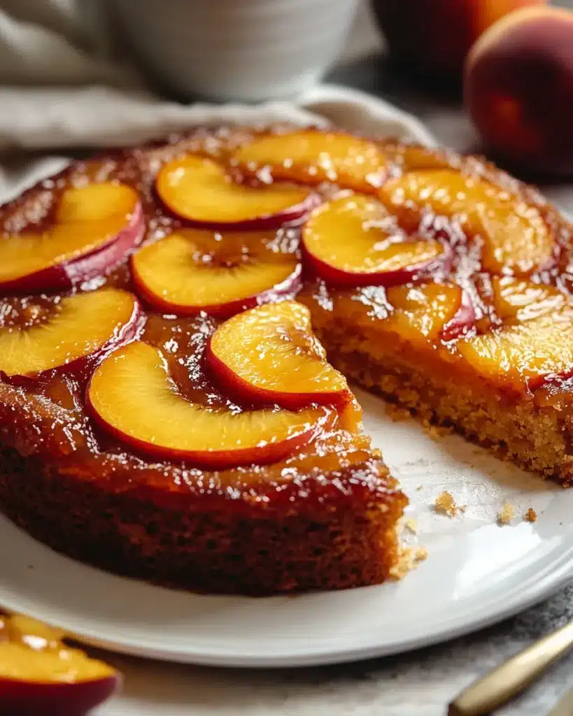 Moist bourbon peach upside-down cake with layered caramel and fresh peach topping