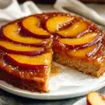 Bourbon peach upside-down cake with glossy caramelized peach slices on top