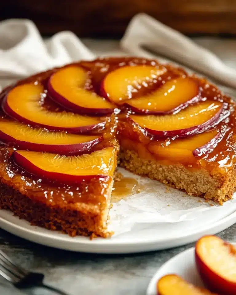 Bourbon peach upside-down cake with glossy caramelized peach slices on top
