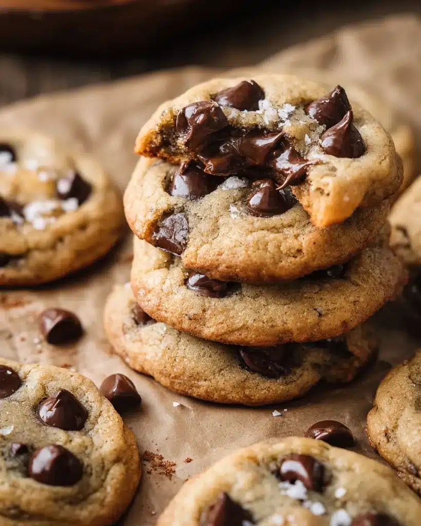Stack of banana chocolate chip cookies with melted chocolate and sea salt flakes.