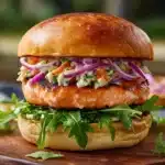 Grilled salmon burger with creamy slaw and arugula on toasted brioche bun