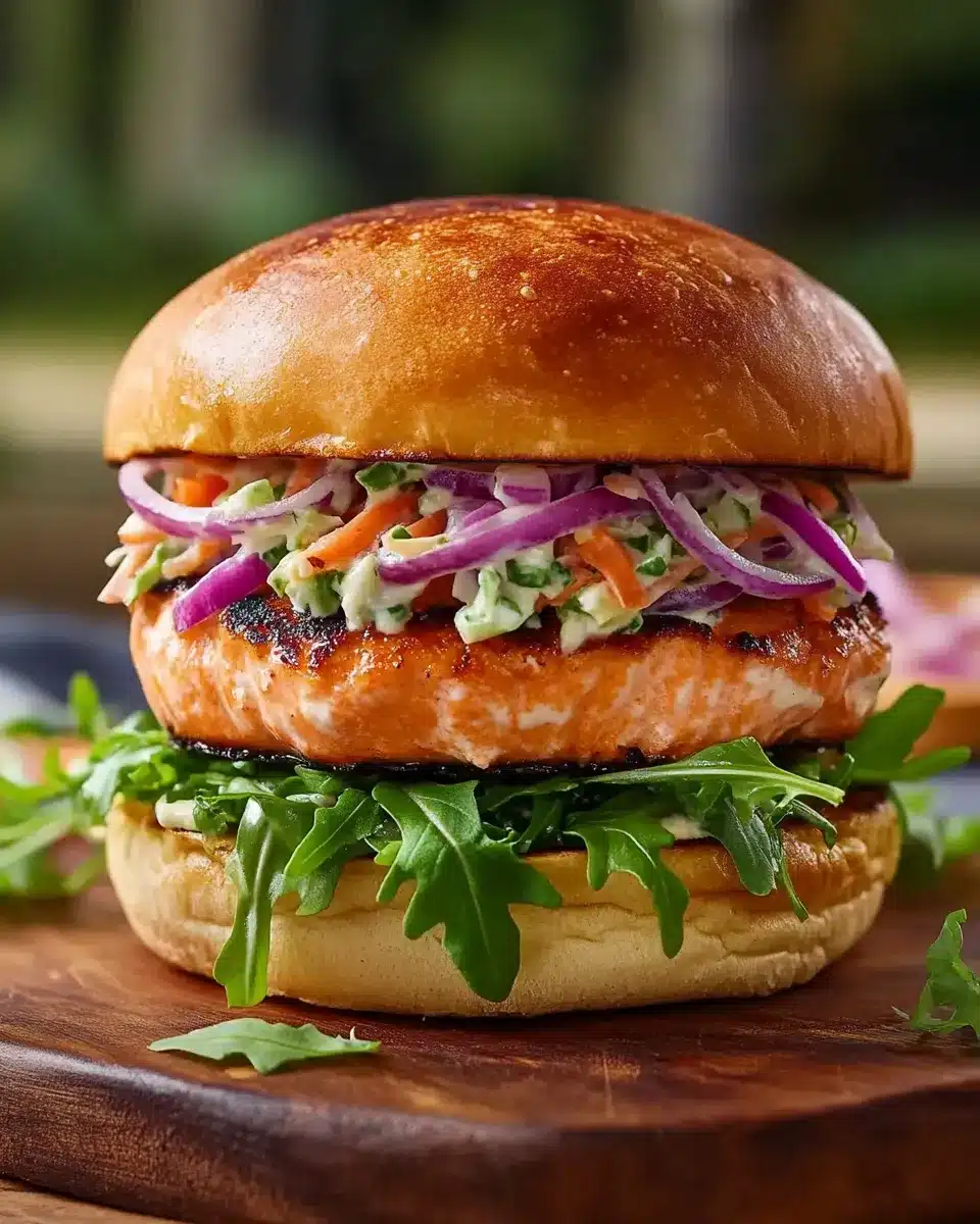 Grilled salmon burger with creamy slaw and arugula on toasted brioche bun