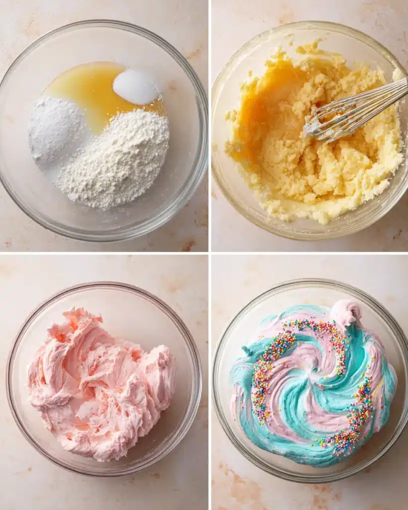 Step-by-step mixing of cotton candy cookie dough with pink and blue swirls