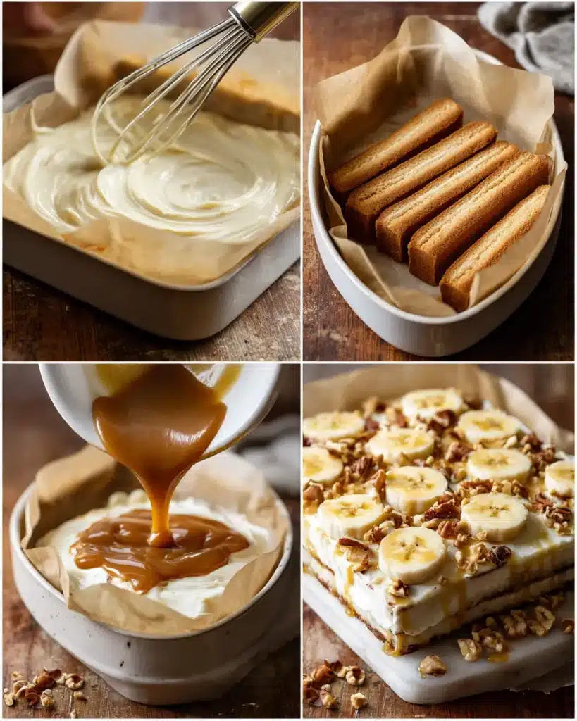 Step-by-step making of no-bake banana caramel dessert with cream, ladyfingers, and caramel.