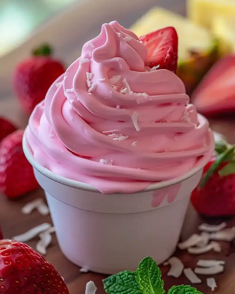 Strawberry Dole Whip in a white cup with fresh strawberries and coconut flakes