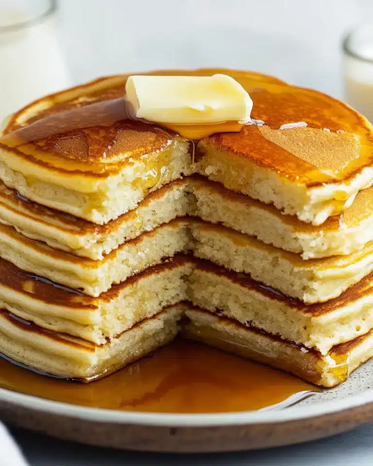 Buttermilk pancakes cut to show fluffy texture, topped with butter and syrup
