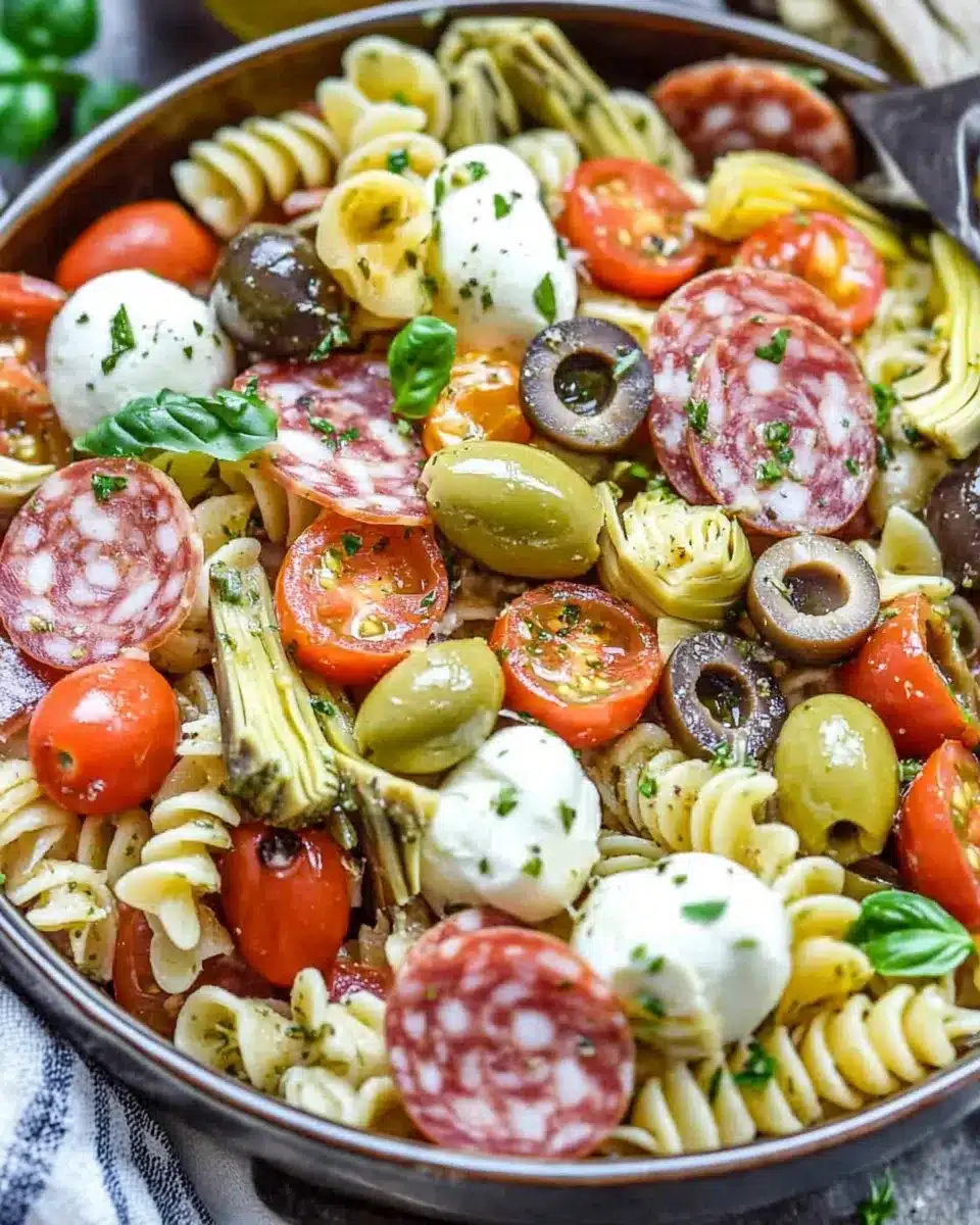 Antipasto pasta salad with salami, mozzarella, olives, cherry tomatoes, and artichokes.