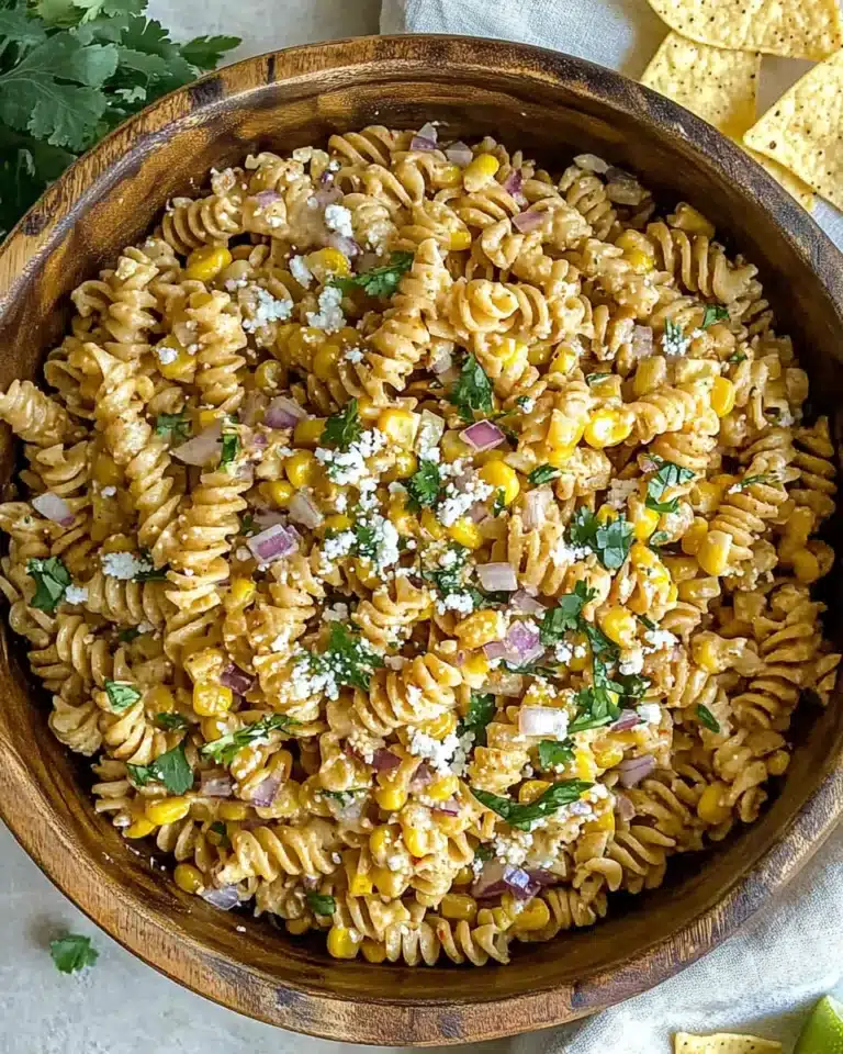 Creamy Elote pasta salad with roasted corn, cotija, and cilantro in a wooden bowl