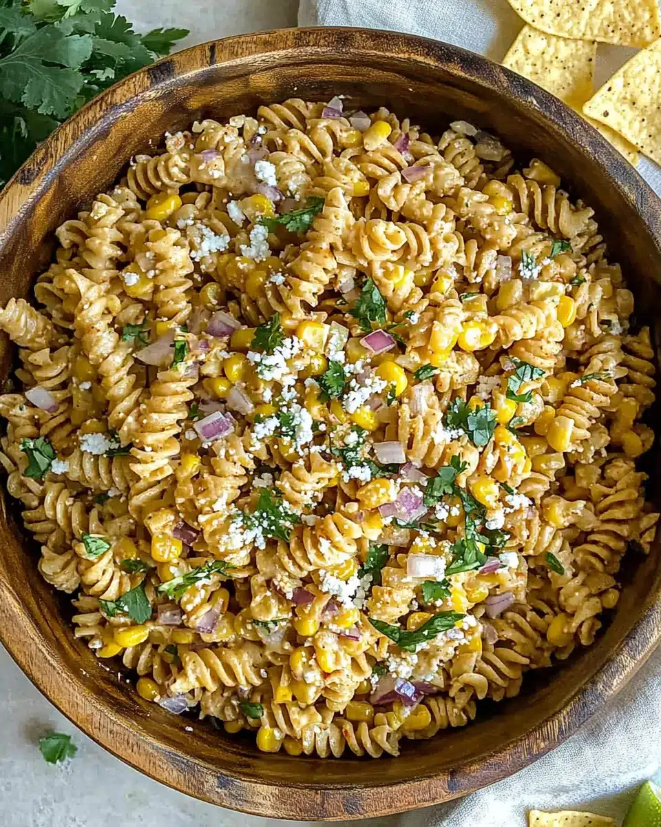 Creamy Elote pasta salad with roasted corn, cotija, and cilantro in a wooden bowl