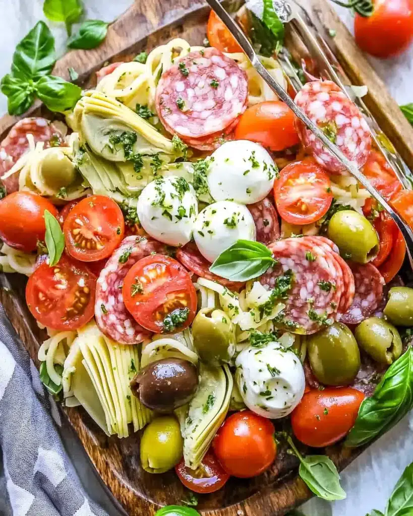 Antipasto pasta salad on wooden board with spaghetti, salami, tomatoes, olives, and mozzarella.