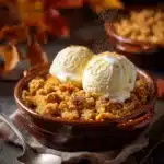 Pumpkin crisp in brown bowl topped with vanilla ice cream and cinnamon sprinkle, autumn setting