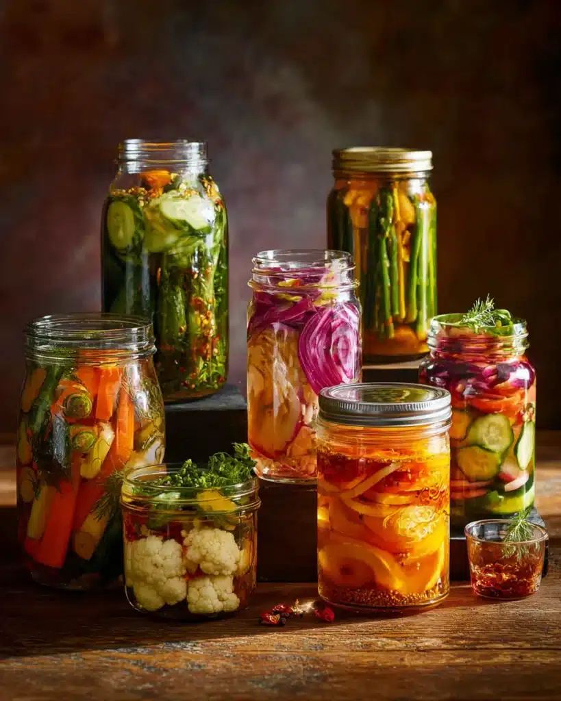 Assorted jars of colorful homemade refrigerator pickles with various vegetables and spices.