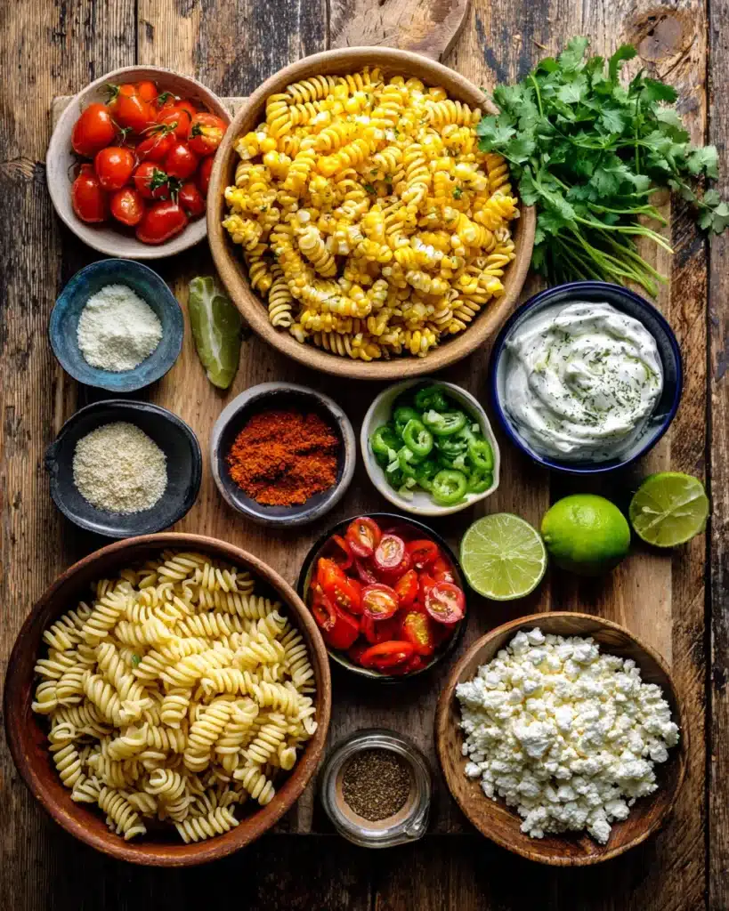 Elote pasta salad ingredients including corn, pasta, cheese, yogurt, tomatoes, spices, and cilantro.