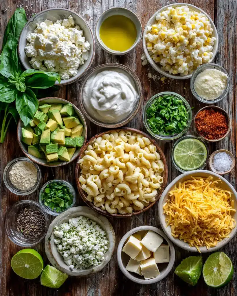 Street corn pasta salad ingredients including pasta, corn, cheese, avocado, herbs, and spices