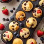 Baked pancake mini muffins in a muffin tin with strawberries, blueberries, and chocolate chips
