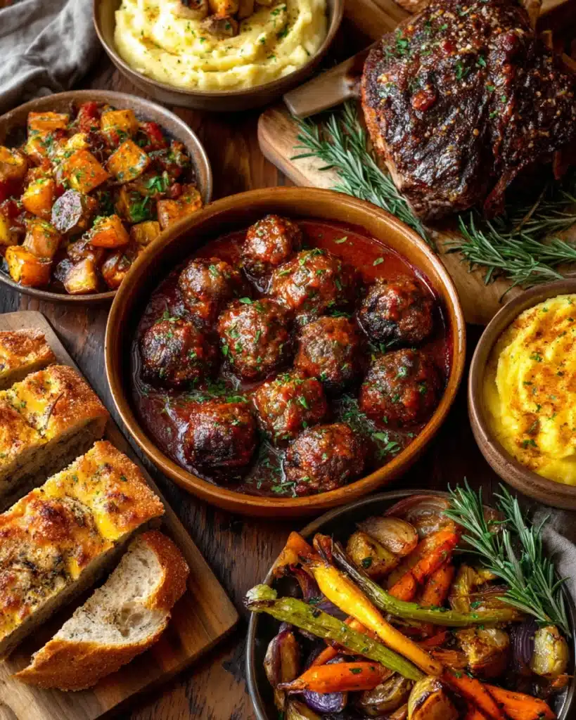 Rustic fall dinner spread with meatballs, roast beef, mashed potatoes, and roasted vegetables.