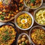 Fall dinner spread with roast chicken, meatballs, mashed potatoes, mac and cheese, and pumpkin mash.