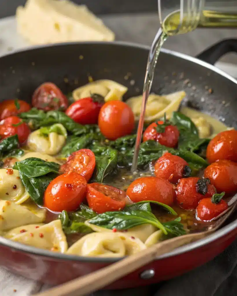 Tortellini, cherry tomatoes, and spinach sautéing in a skillet with olive oil.