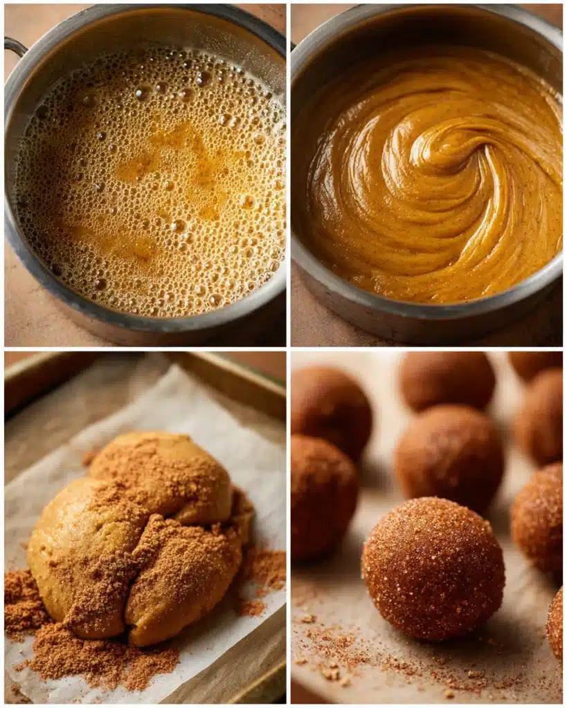 Step-by-step process of making chewy pumpkin snickerdoodle cookies with brown butter and cinnamon sugar.