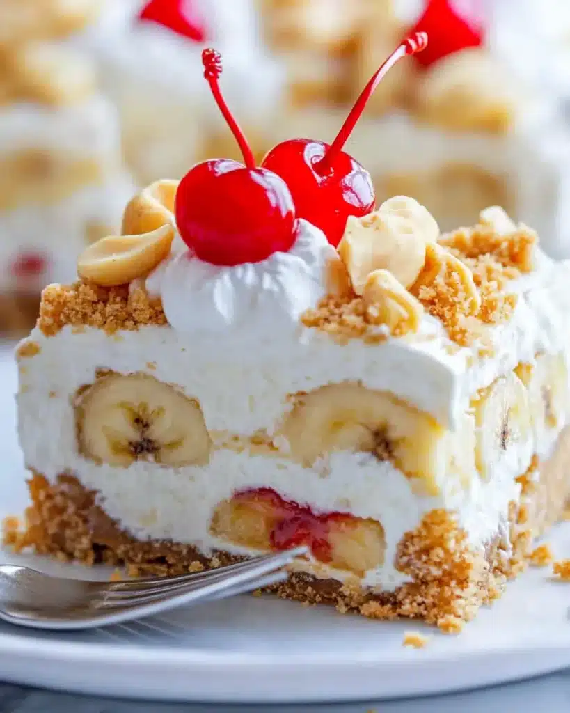 Layered banana split dessert with whipped topping, banana slices, and cherries.