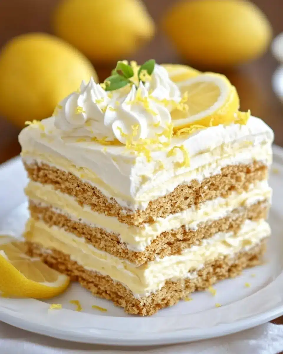 Tall layered lemon refrigerator cake with lemon slices and zest on top