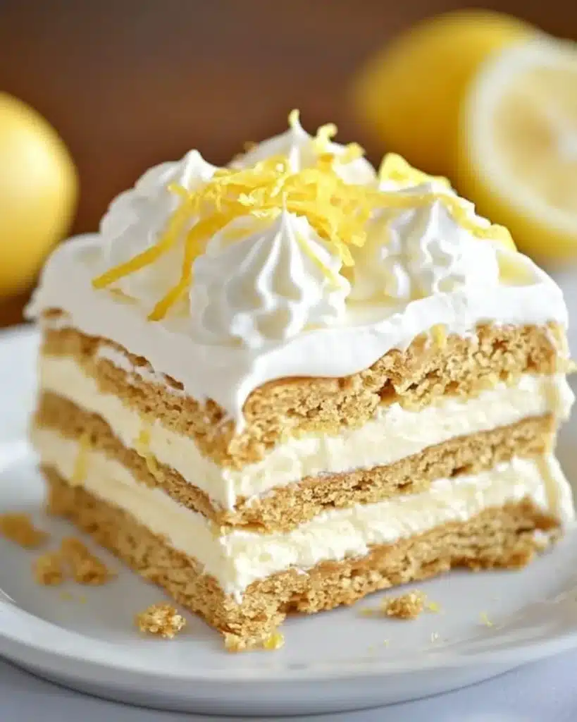 No-bake lemon éclair cake slice with graham crackers and whipped topping