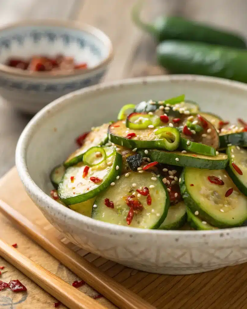 Spicy Korean cucumber salad with sliced chili peppers and sesame seeds in a ceramic bowl.