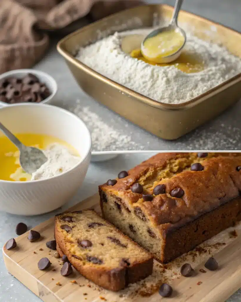 Mixing banana bread batter and slicing a fresh loaf on the board – this is Super Moist Chocolate Chip Banana Bread at its best.