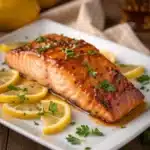 Texas Roadhouse style baked salmon with lemon slices and fresh herbs