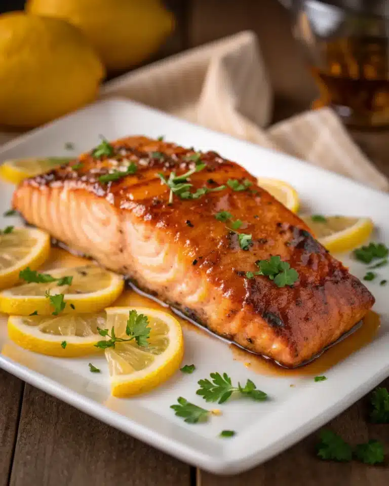 Texas Roadhouse style baked salmon with lemon slices and fresh herbs