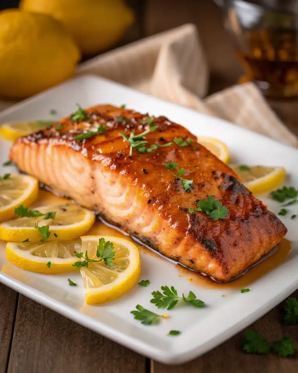 Texas Roadhouse style baked salmon with lemon slices and fresh herbs