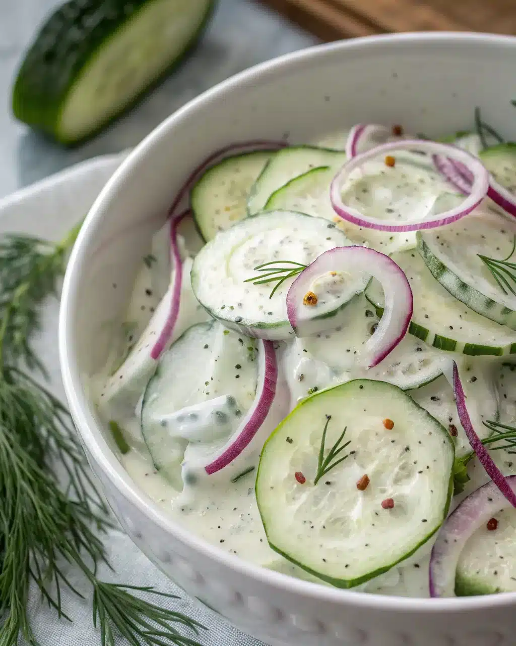 Creamy cucumber salad with red onions and fresh dill in a white bowl