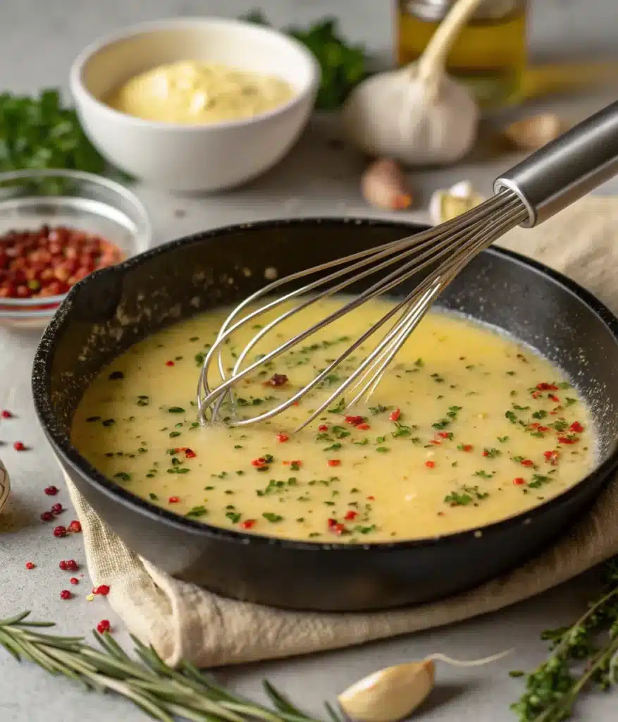 Whisking creamy lemon garlic sauce with herbs and pepper flakes