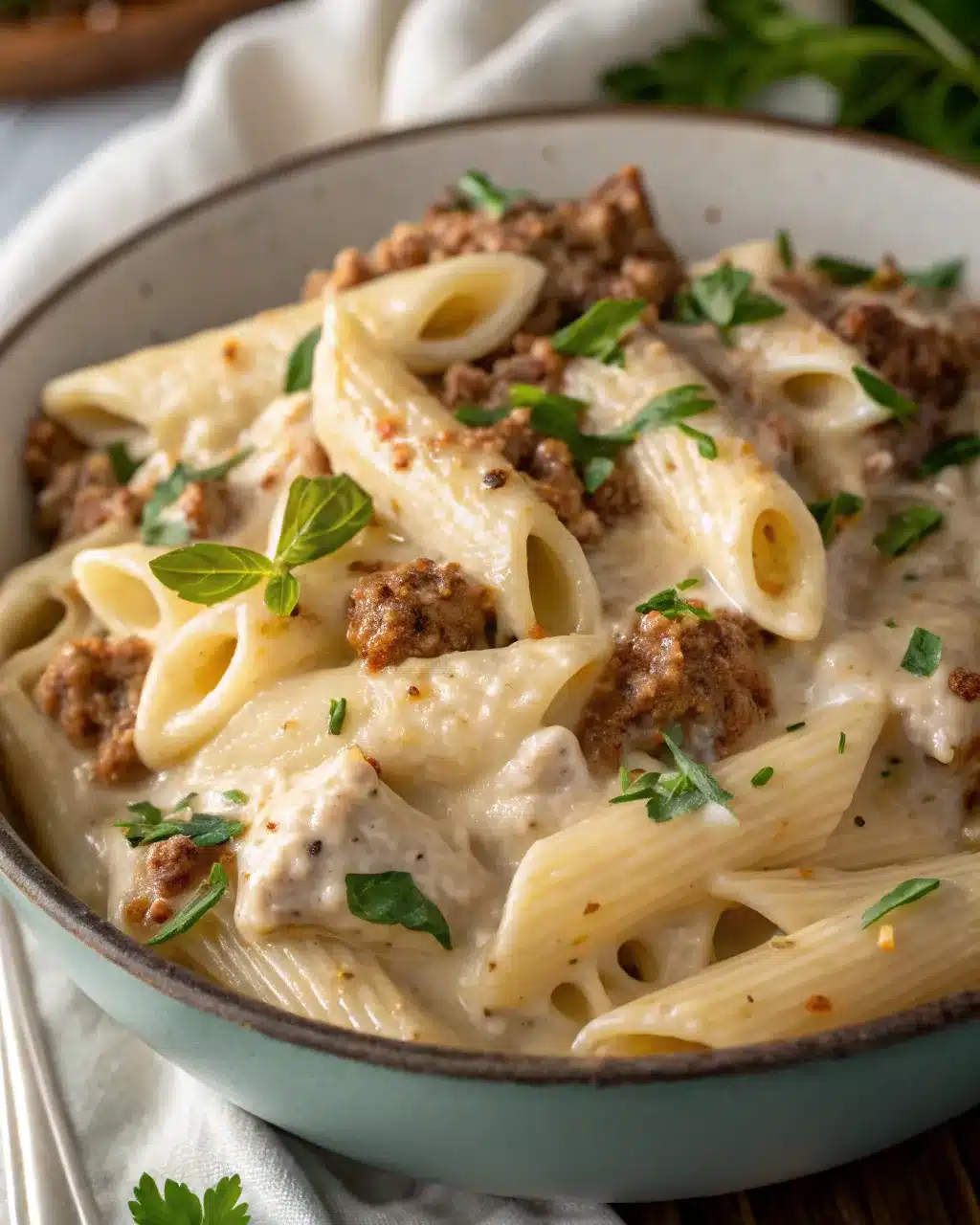 Protein-packed pasta skillet with ground beef and creamy sauce