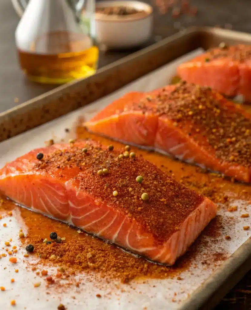 Raw salmon fillets coated with smoky spice rub on a baking tray