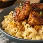 Creamy cheddar and mozzarella mac and cheese in a skillet