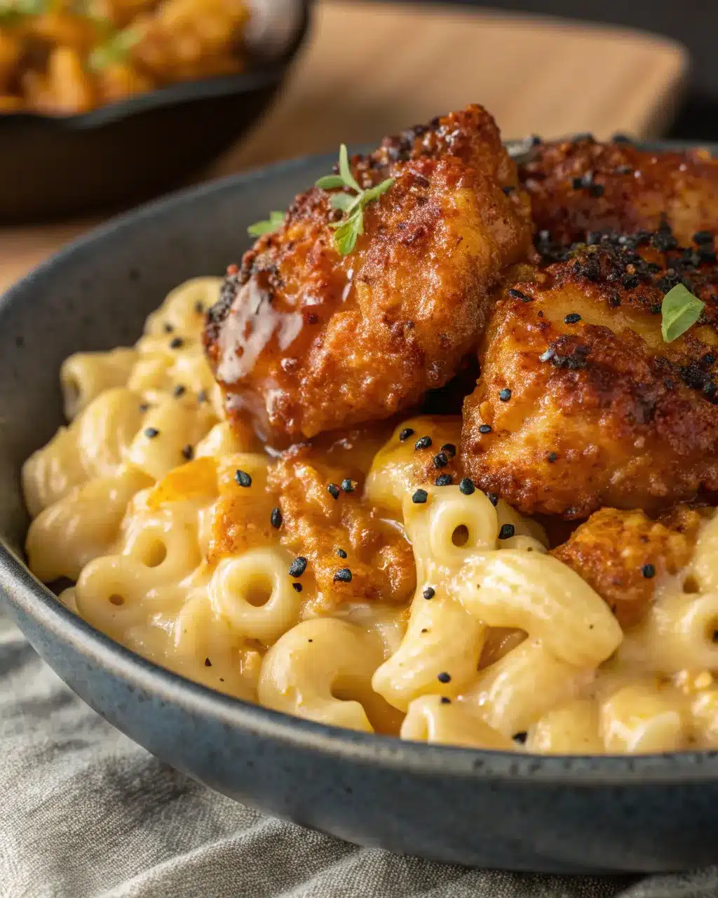 Creamy cheddar and mozzarella mac and cheese in a skillet