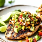Grilled chicken breast topped with fresh avocado corn salsa on a plate.