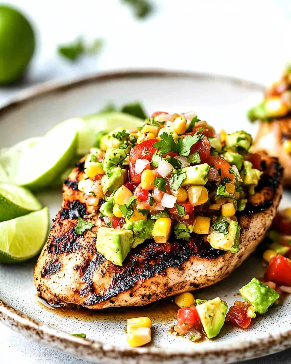 Grilled chicken breast topped with fresh avocado corn salsa on a plate.