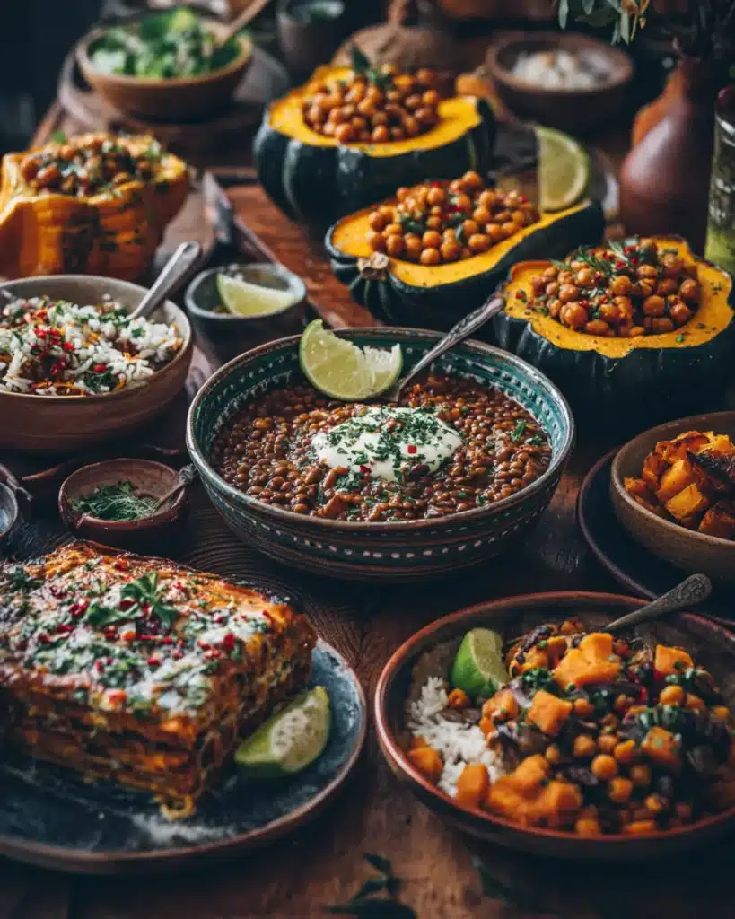 Vegetarian fall dinner spread with lentils, chickpeas, stuffed squash, and veggie lasagna.