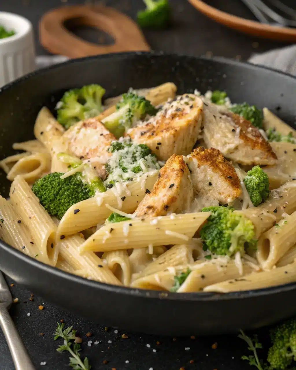 Close-up of chicken broccoli pasta with creamy sauce and Parmesan topping
