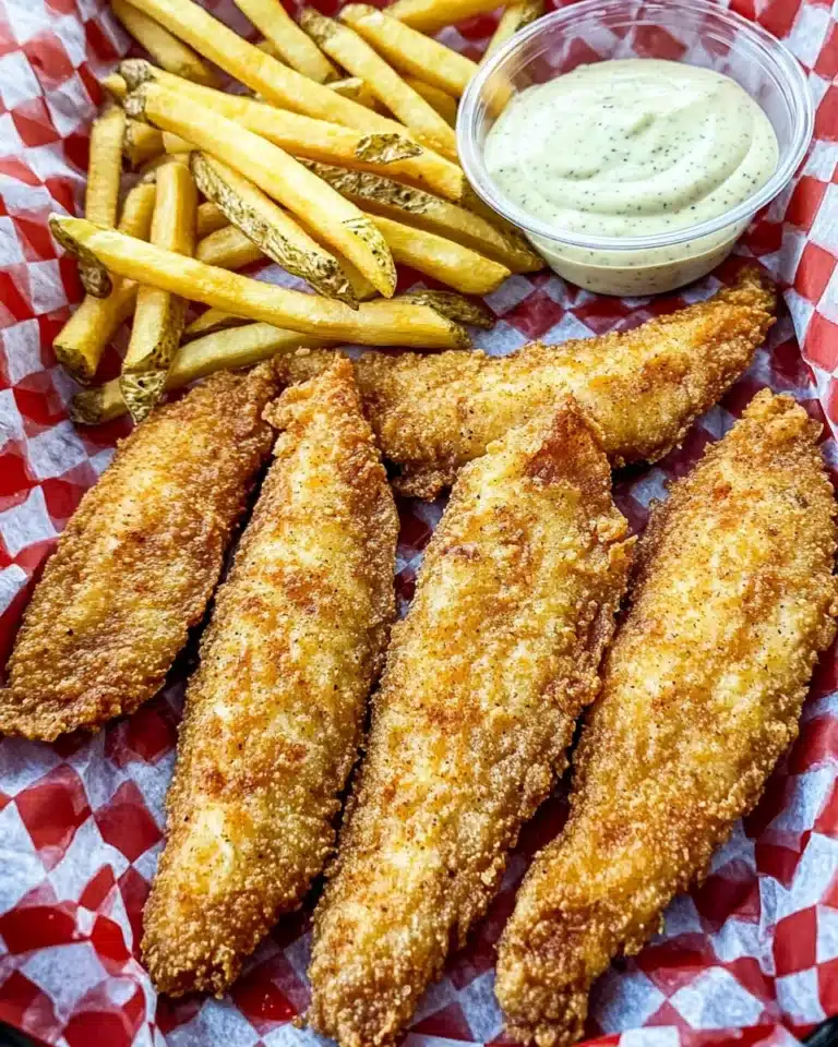 Golden fried catfish fillets with fries and dipping sauce on red checkered tray