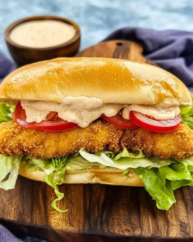 Southern fried catfish sandwich with tomato, lettuce, and remoulade on toasted roll