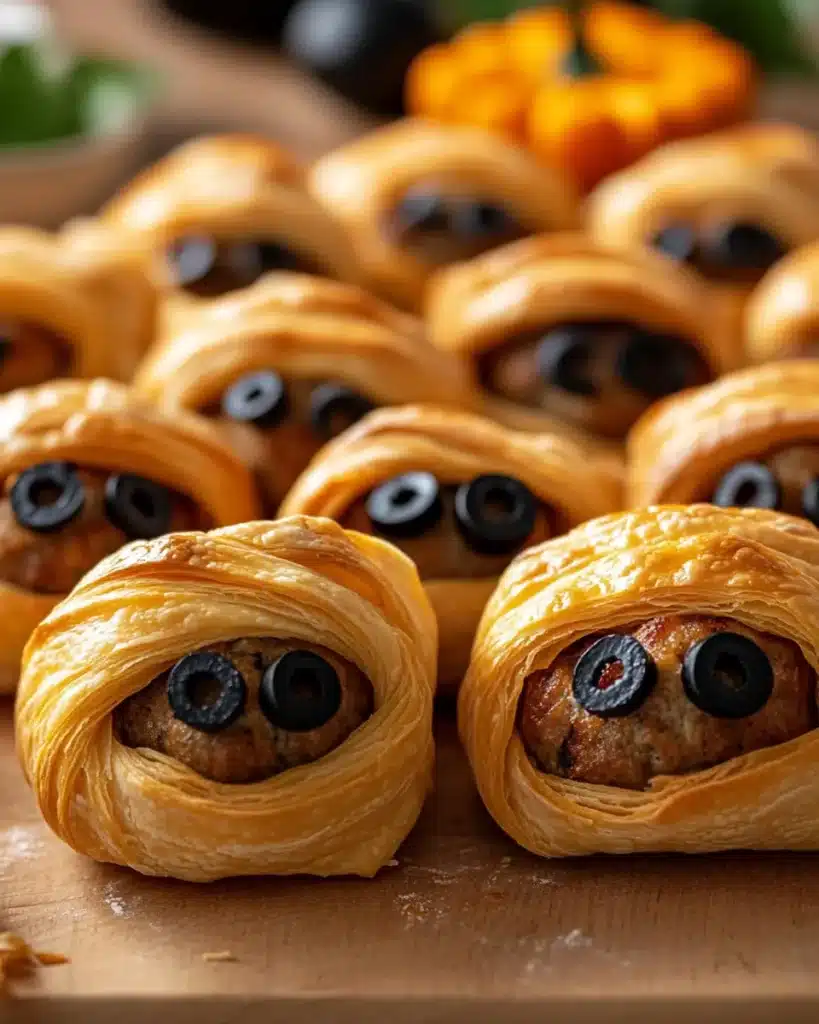 Cute Halloween meatballs wrapped like mummies with marinara and olives.