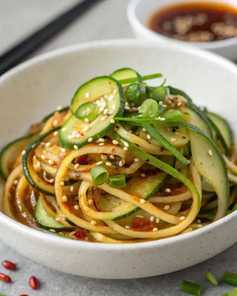 Spiralized cucumber salad with chili oil, green onions, and sesame seeds in a white bowl.