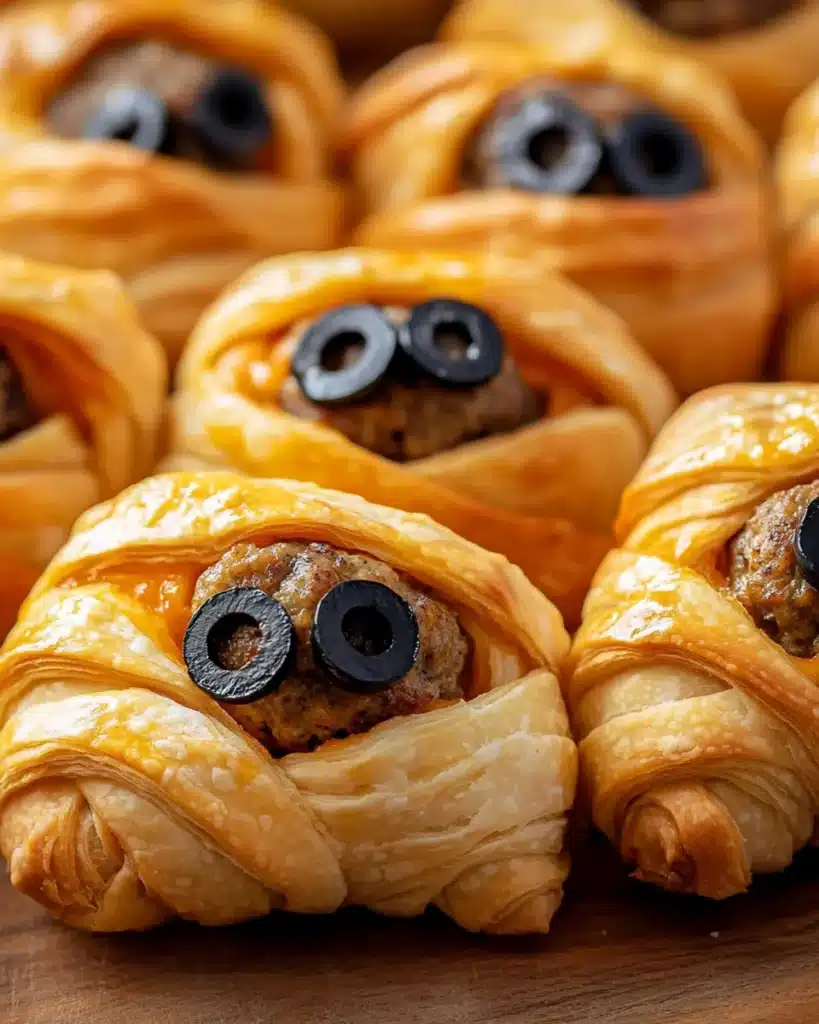 Halloween mummy meatballs wrapped in crescent dough with olive eyes on spooky tray.