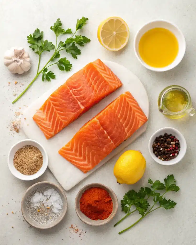 Raw salmon fillets with garlic, lemon, spices, and olive oil on a white surface.