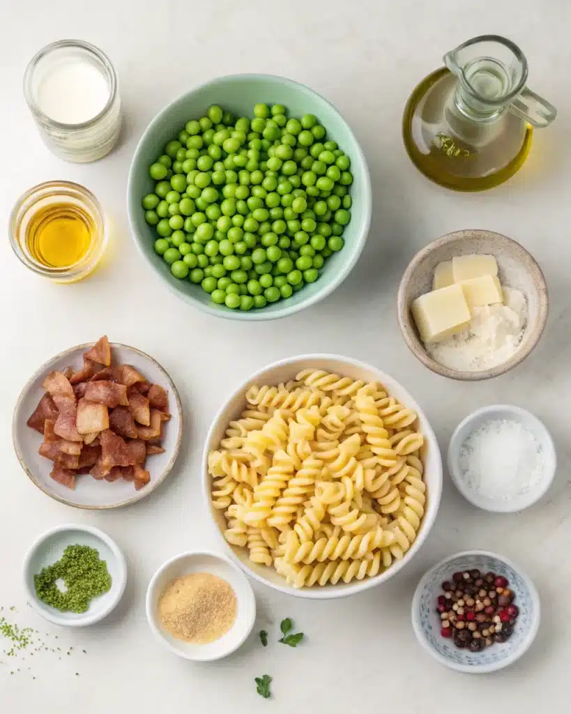 Ingredients for creamy pasta salad including rotini, peas, bacon, and spices on a white surface.