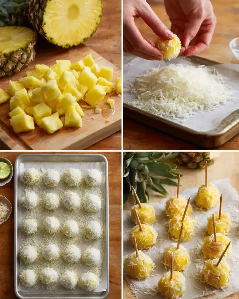 Step-by-step process of making coconut pineapple bites with fresh pineapple and shredded coconut