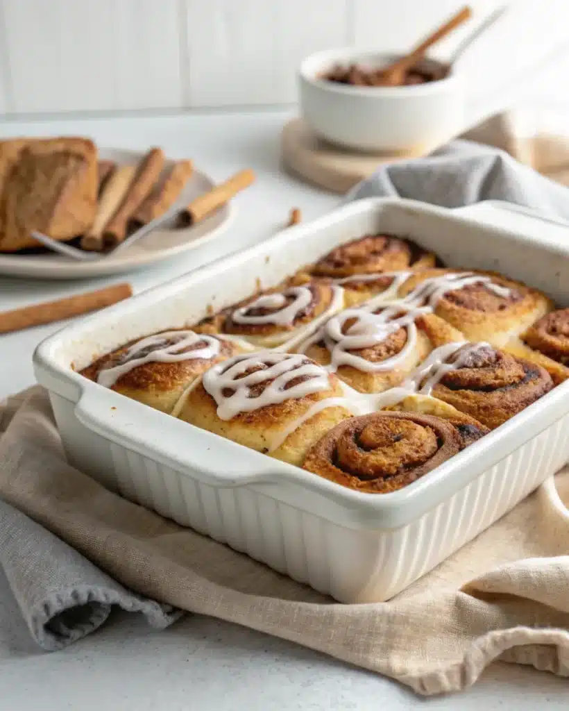 Freshly baked cinnamon roll casserole with icing in a white dish, ready to serve.